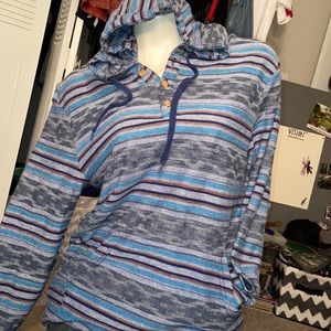 Beautiful Giant Hippie Boho Striped Long Sleeve Hooded Tee Medium